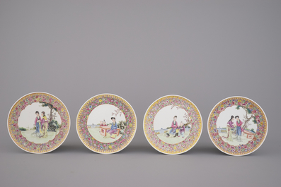 A set of 4 Chinese famille rose plates with ladies in a garden, 20th C.