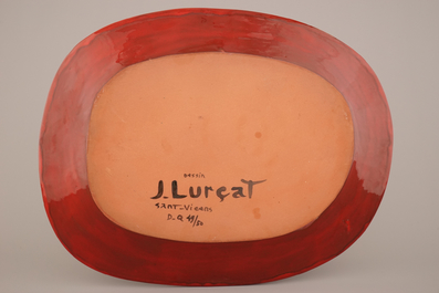 Jean Lur&ccedil;at (1892-1966), an oval red ground dish, 20th C.