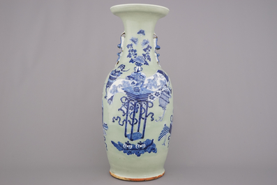 A fine Chinese celadon ground vase with scholar's objects, 19/20th C.