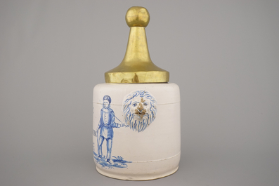A Brussels Delftware tobacco jar with pipesmokers, 18th C.