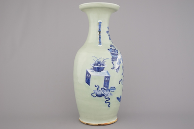 A fine Chinese celadon ground vase with scholar's objects, 19/20th C.