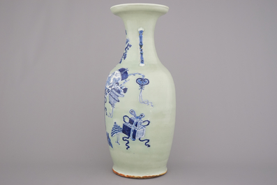 A fine Chinese celadon ground vase with scholar's objects, 19/20th C.