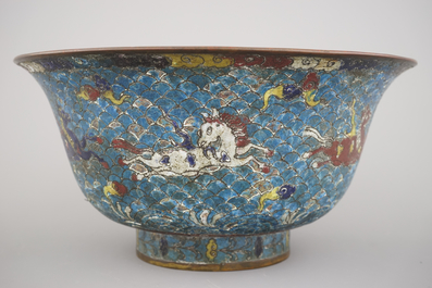 A Chinese cloisonne &quot;Horses of Mu Wang&quot; bowl, Ming dynasty