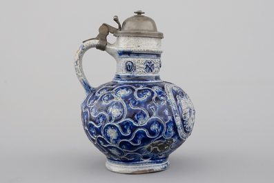 A fine Westerwald stoneware pewter-mounted jug with the coat of arms of France, dated 1597