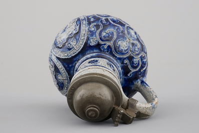 A fine Westerwald stoneware pewter-mounted jug with the coat of arms of France, dated 1597