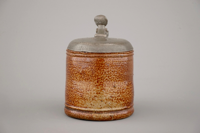A rare Raeren tiger salt glaze pewter-mounted jug, ca. 1600