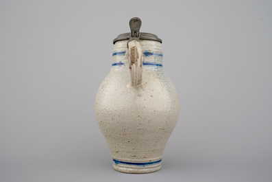 A documentary Westerwald jug with pewter measure of Mechelen, 17/18th C.