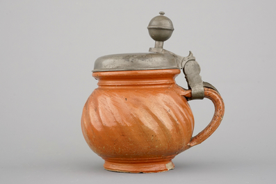 An unusual small Bunzlau pewter-mounted stoneware jug, ca. 1700