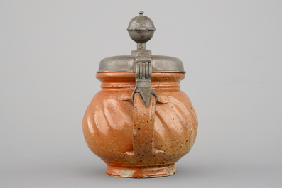 An unusual small Bunzlau pewter-mounted stoneware jug, ca. 1700