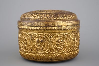 A cylindrical brass box and cover, 16/17th C., probably Nuremberg