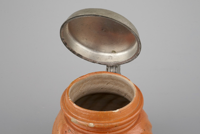 An unusual small Bunzlau pewter-mounted stoneware jug, ca. 1700