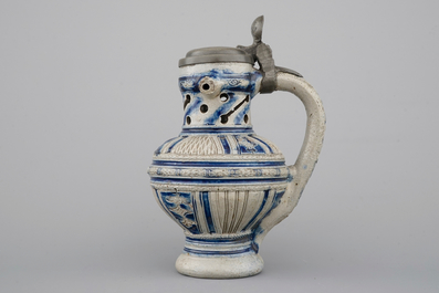 A rare Westerwald pewter-mounted puzzle or spill jug, 17th C.