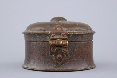 A cylindrical partly gilt box and cover, 16/17th C.