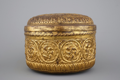 A cylindrical brass box and cover, 16/17th C., probably Nuremberg