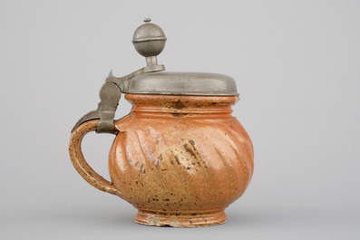 An unusual small Bunzlau pewter-mounted stoneware jug, ca. 1700