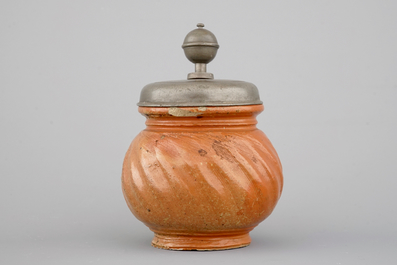 An unusual small Bunzlau pewter-mounted stoneware jug, ca. 1700