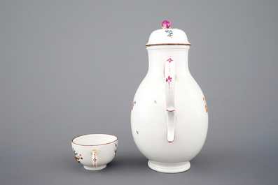A H&ouml;chst porcelain coffee pot and cup with floral decoration, 18th C.