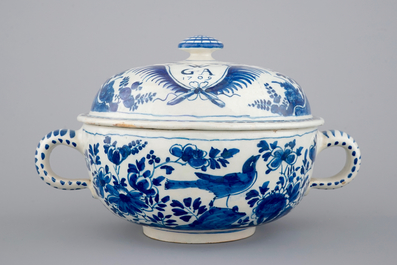 A dated Dutch Delft blue and white round bowl with cover for spiced wine, ca. 1709