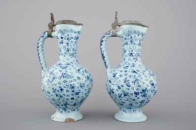 A pair of South-German pewter-mounted jugs with twisted handles, 17/18th C.