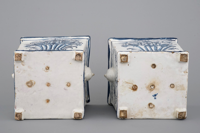 A fine pair of Brussels faience blue and white square flower pots, 18th C.