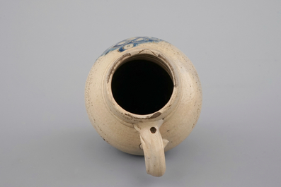 Two globular Westerwald stoneware jugs in blue and incised, one with pewter lid, 17th C.