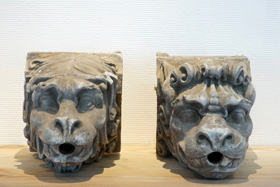 A pair of plaster casts of gargoyle heads, 19/20th C., Bruges