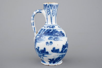 A Dutch Delft blue and white chinoiserie jug, 17th C.
