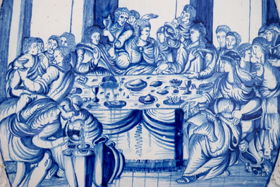 A massive dated Amsterdam Delftware plaque with &quot;The wedding at Cana&quot;, ca. 1743