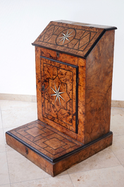 A burl veneer and inlaid bone prayer desk stool, Liege, 17/18th C.