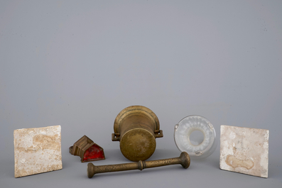 A varied lot of 2 Delft tiles, a mortar and pestle, a holy water pail and a hand blown glass wasp trap, 18/19th C.