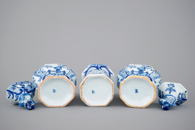A blue and white Dutch Delft three-piece chinoiserie garniture, 19th C.