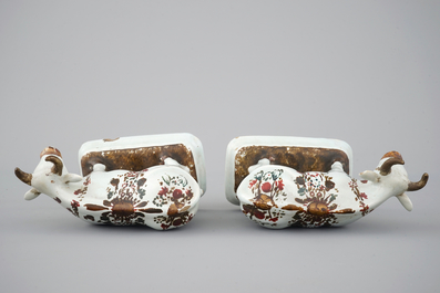 A pair of white Delft cold-painted cows, Dutch, 18th C.