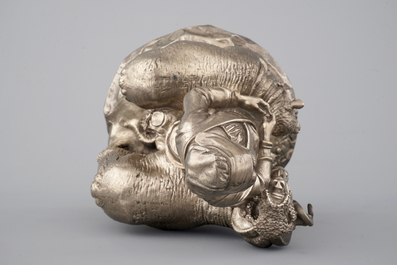 A Christofle et Cie. silver-plated bronze group of a girl with a sheep and a ram, 19th C.