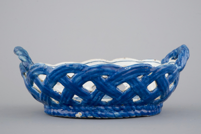 A blue and white Brussels faience open-worked basket, 18th C.