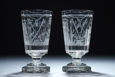 2 engraved masonic subject glasses, freemasonry, 20th C.