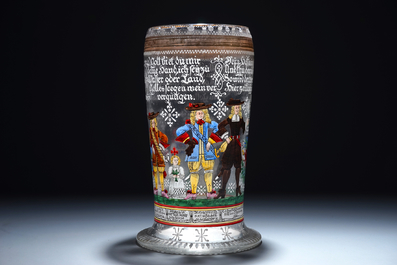 A large German painted wedding glass or stein, Fritz Heckert, Bohemia, 19th C.