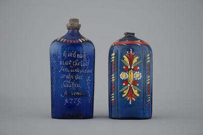 Two rare German painted blue glass flasks, 18th C.