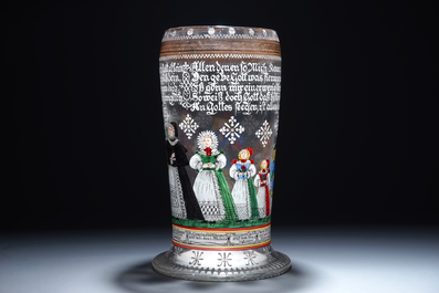 A large German painted wedding glass or stein, Fritz Heckert, Bohemia, 19th C.