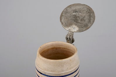 A fine Westerwald incised and pewter-mounted beer stein, 17th C.