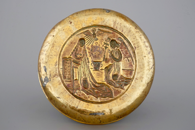 A large Nuremberg brass alms bowl showing &quot;The Annunciation, 16th C.