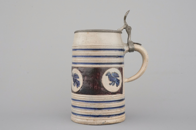 A fine Westerwald incised and pewter-mounted beer stein, 17th C.