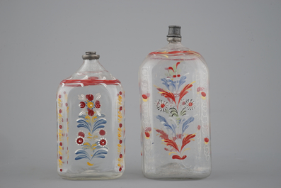 Two German painted glass flasks, 18th C.