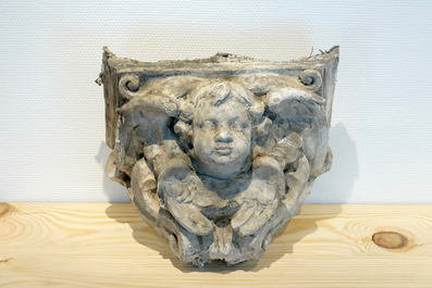 Three various plaster console with a winged angel, cherub and lion's head, 19/20th C., Bruges