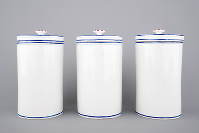 A set of 3 French pharmacy jars and covers, Strasbourg (?), 18th C.