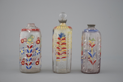 Three German painted glass flasks, 18th C.