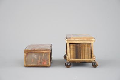 Two small natural stone and brass boxes, tiger eye and incrusted agate, 19th C.