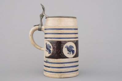 A fine Westerwald incised and pewter-mounted beer stein, 17th C.