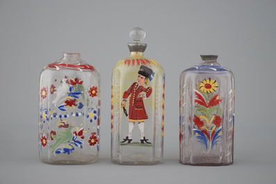 Three German painted glass flasks, 18th C.
