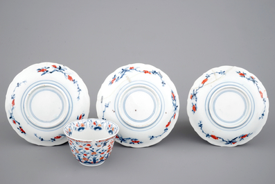 A set of Japanese imari porcelain cups and saucers, 18th C.