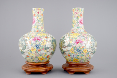 A massive and exceptional pair of millefiori tianqu ping vases, ca. 1900